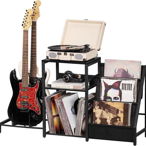 Black End Table, Small Side Table with Metal Frame,Modern Record Player Stand with Storage Shelf, Wood 3 Tier Sofa Bedside Tables, Narrow Nightstand for Living Room Bedroom Office