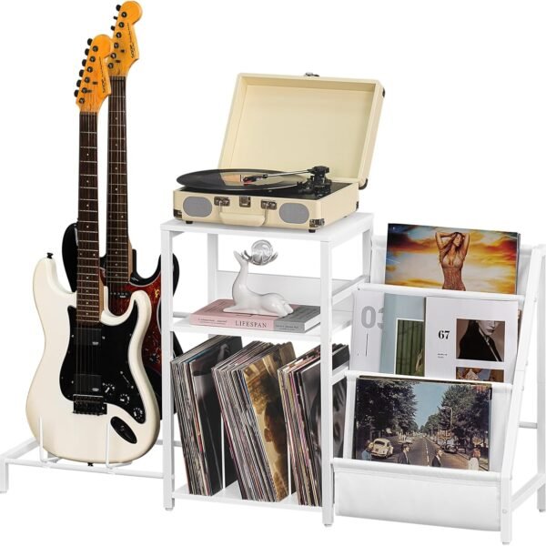 Black End Table, Small Side Table with Metal Frame,Modern Record Player Stand with Storage Shelf, Wood 3 Tier Sofa Bedside Tables, Narrow Nightstand for Living Room Bedroom Office