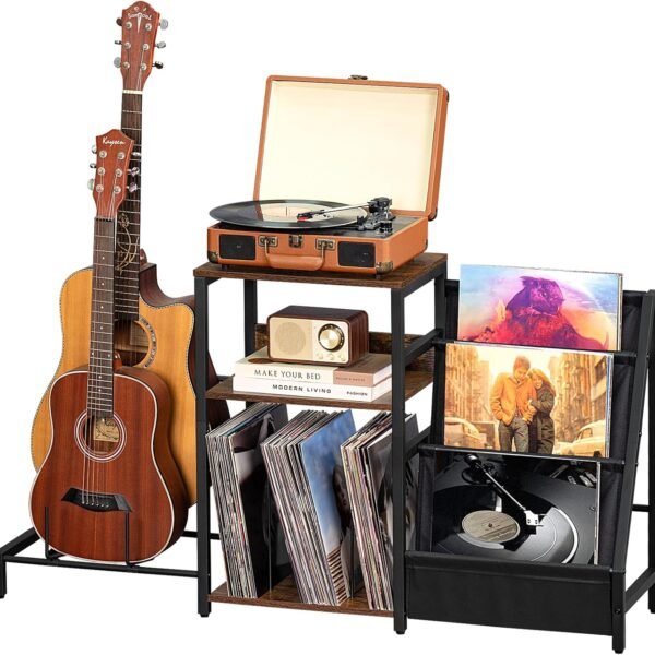Black End Table, Small Side Table with Metal Frame,Modern Record Player Stand with Storage Shelf, Wood 3 Tier Sofa Bedside Tables, Narrow Nightstand for Living Room Bedroom Office